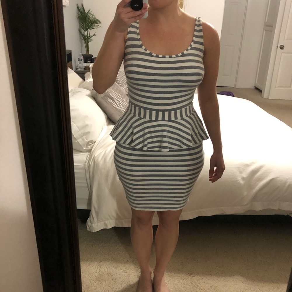 BEBE Grey and White Striped Skirt Dress